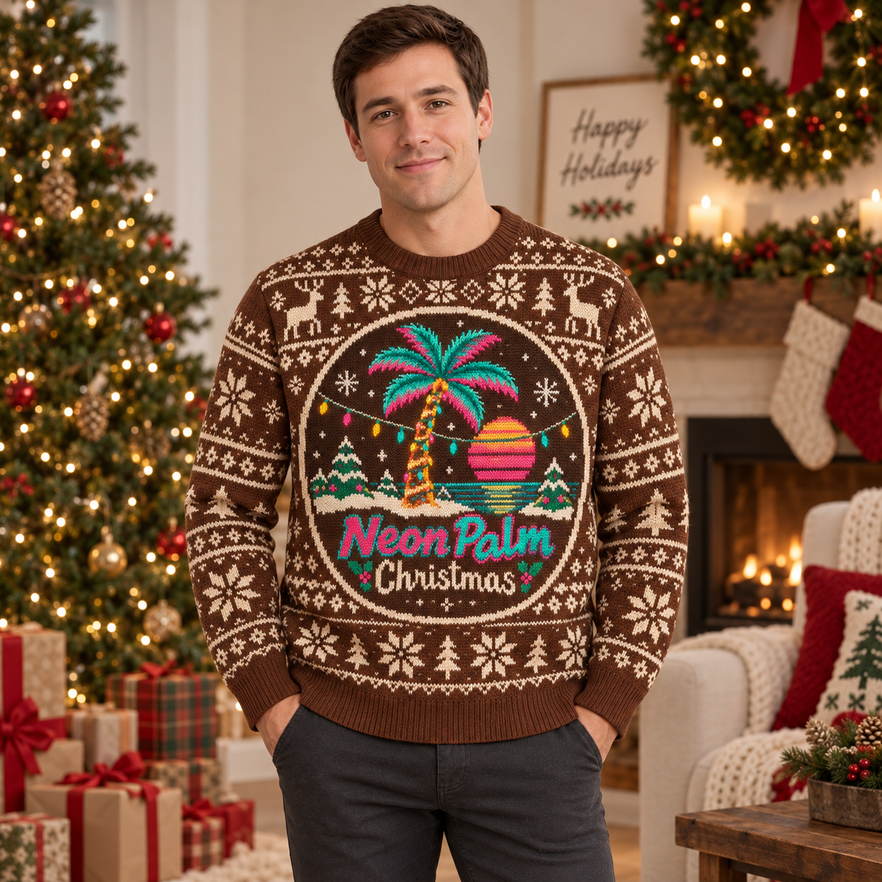 [popular-sweater:PX-15-15:male] Neon Palm Christmas Ugly Christmas Sweatshirt - Male view
