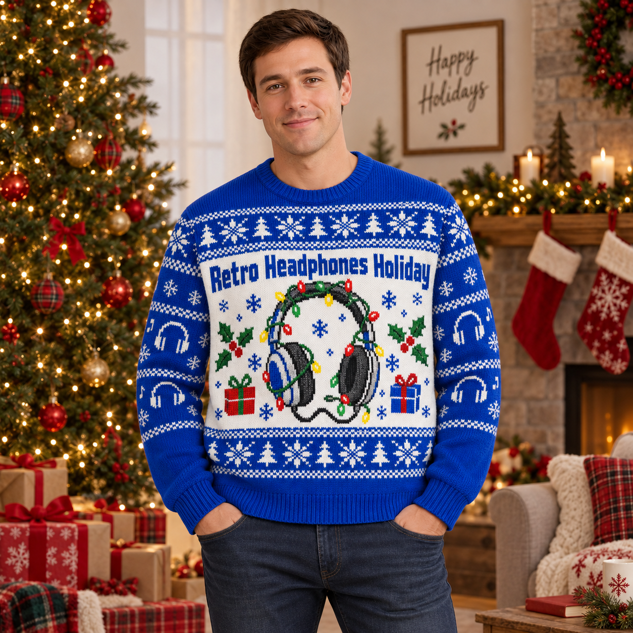 [popular-sweater:PX-15-16:male] Retro Headphones Holiday Ugly Christmas Sweatshirt - Male view