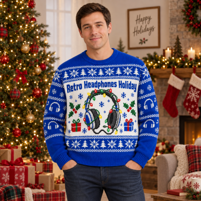 [popular-sweater:PX-15-16:male] Retro Headphones Holiday Ugly Christmas Sweatshirt - Male view