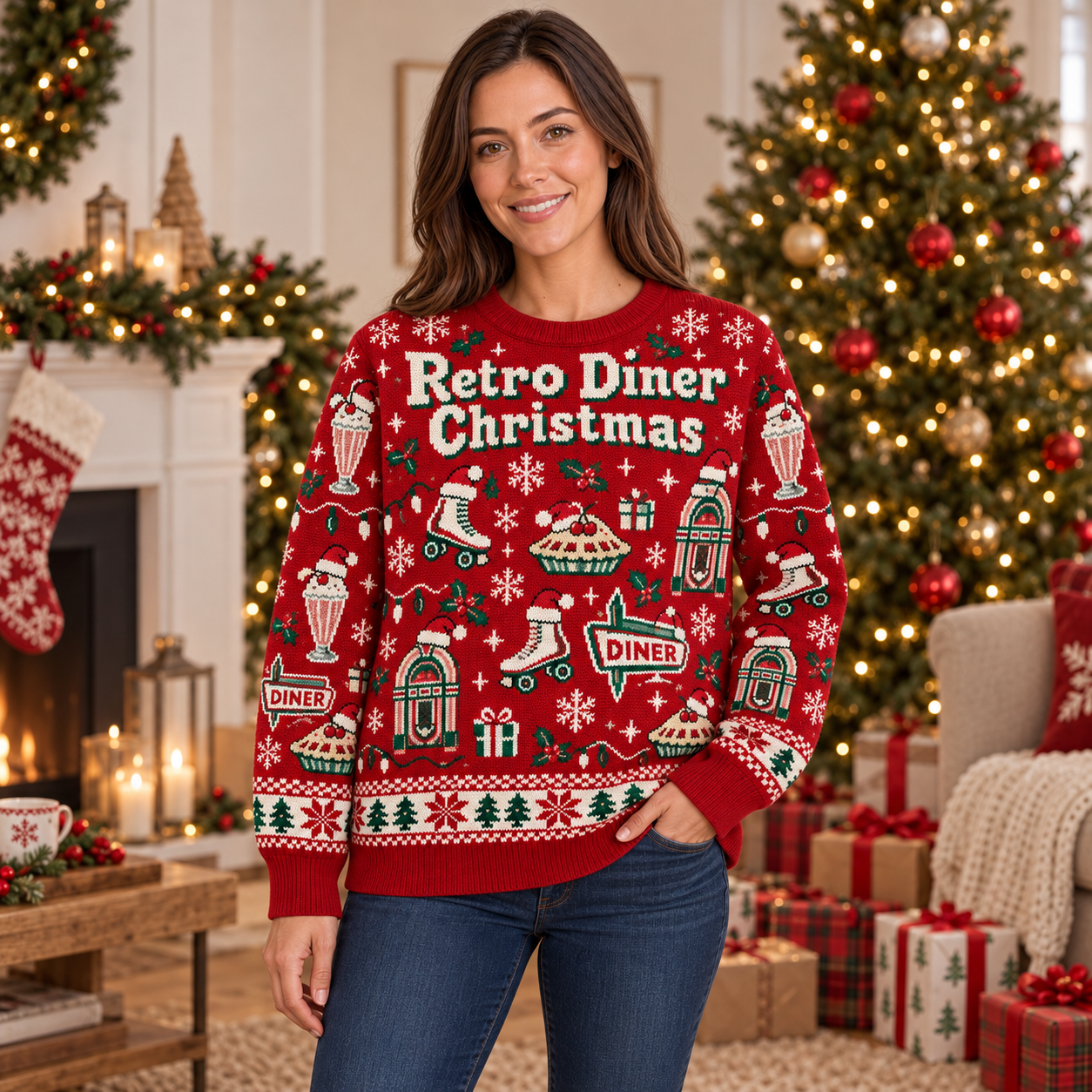 [popular-sweater:PX-15-17:female] Retro Diner Christmas Ugly Christmas Sweatshirt - Female view