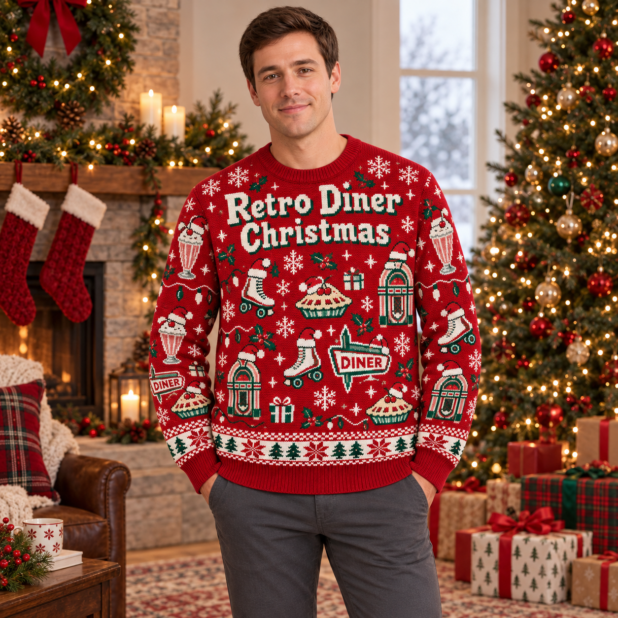[popular-sweater:PX-15-17:male] Retro Diner Christmas Ugly Christmas Sweatshirt - Male view