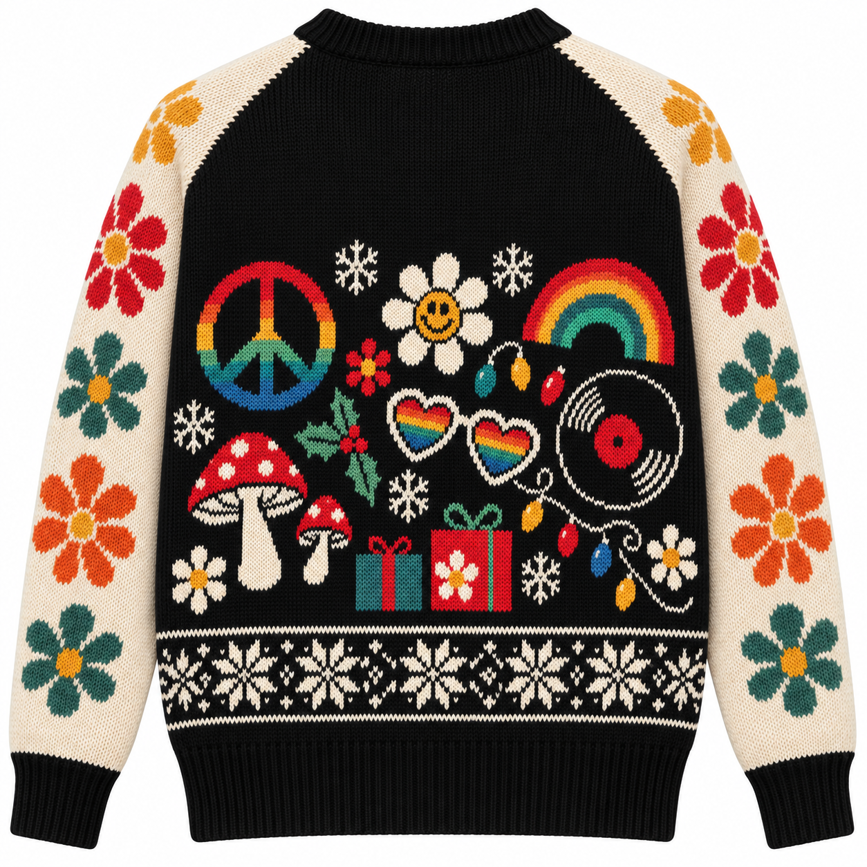 [popular-sweater:PX-15-18:back] Groovy Christmas Flower Power Ugly Christmas Sweatshirt - Back view