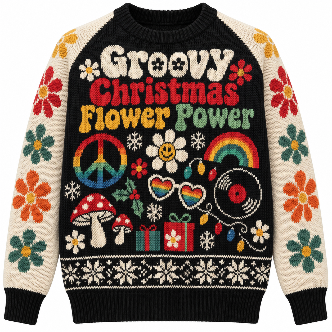 [popular-sweater:PX-15-18:front] Groovy Christmas Flower Power Ugly Christmas Sweatshirt - Front view