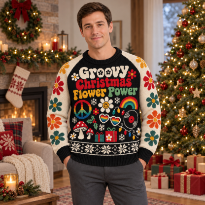 [popular-sweater:PX-15-18:male] Groovy Christmas Flower Power Ugly Christmas Sweatshirt - Male view
