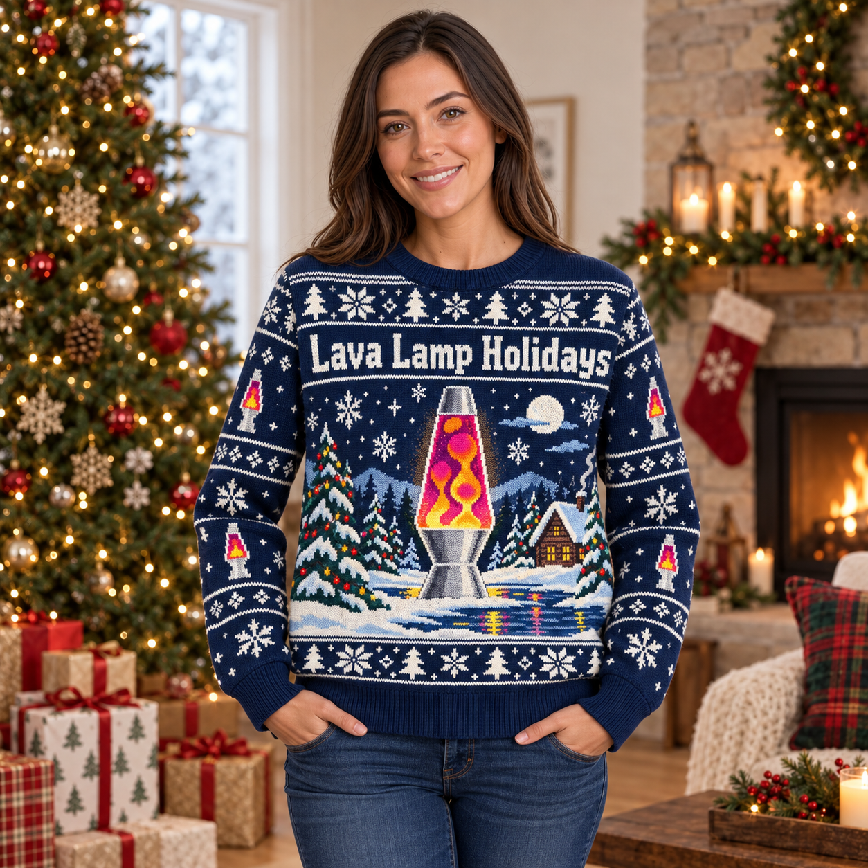 [popular-sweater:PX-15-19:female] Lava Lamp Holidays Ugly Christmas Sweatshirt - Female view