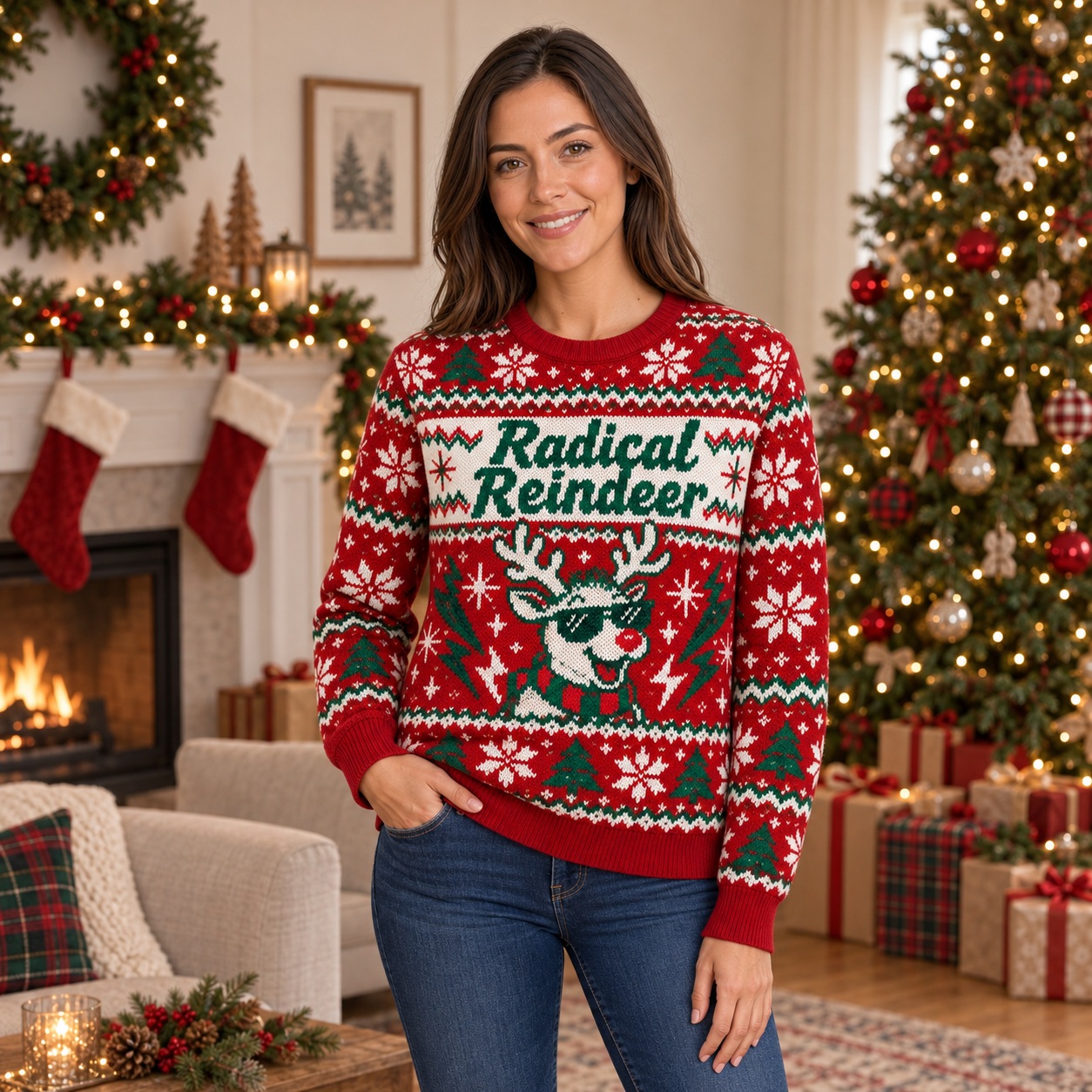 [popular-sweater:PX-15-21:female] Radical Reindeer Ugly Christmas Sweatshirt - Female view