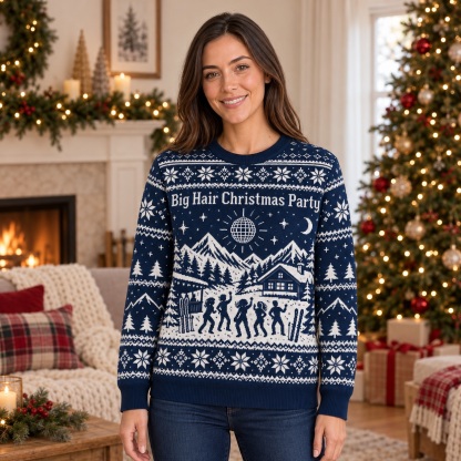 [popular-sweater:PX-15-23:female] Big Hair Christmas Party Ugly Christmas Sweatshirt - Female view
