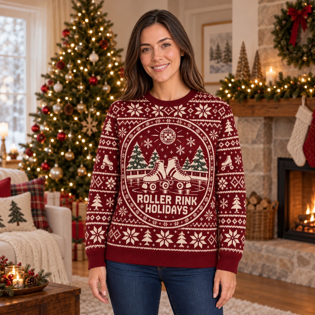 [popular-sweater:PX-15-24:female] Roller Rink Holidays Ugly Christmas Sweatshirt - Female view