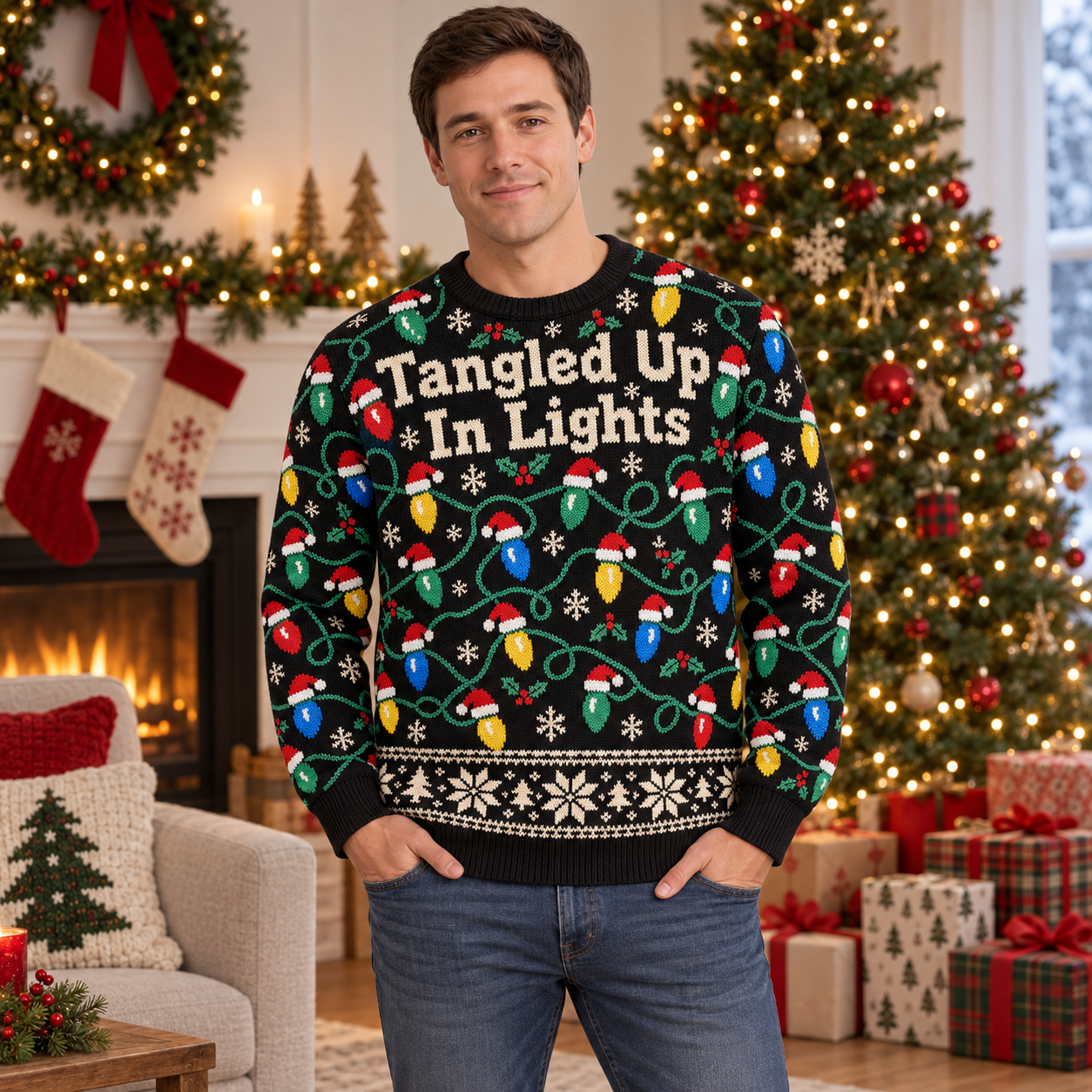 [popular-sweater:PX-16-02:male] Tangled Up In Lights Ugly Christmas Sweatshirt - Male view