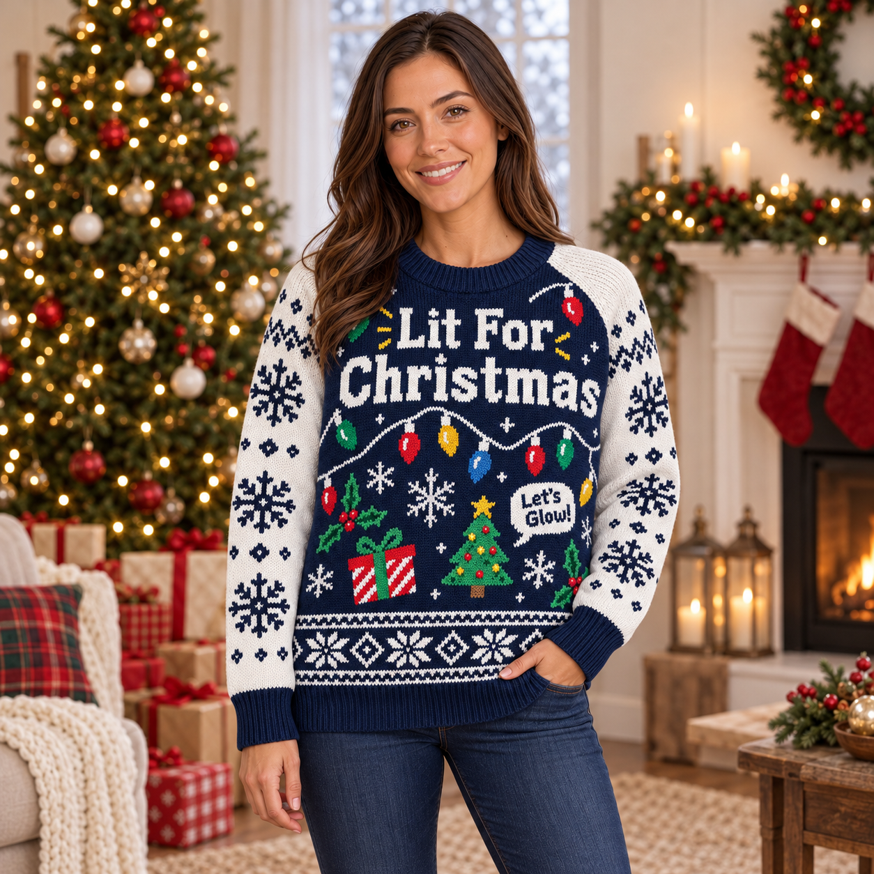 [popular-sweater:PX-16-03:female] Lit For Christmas Ugly Christmas Sweatshirt - Female view