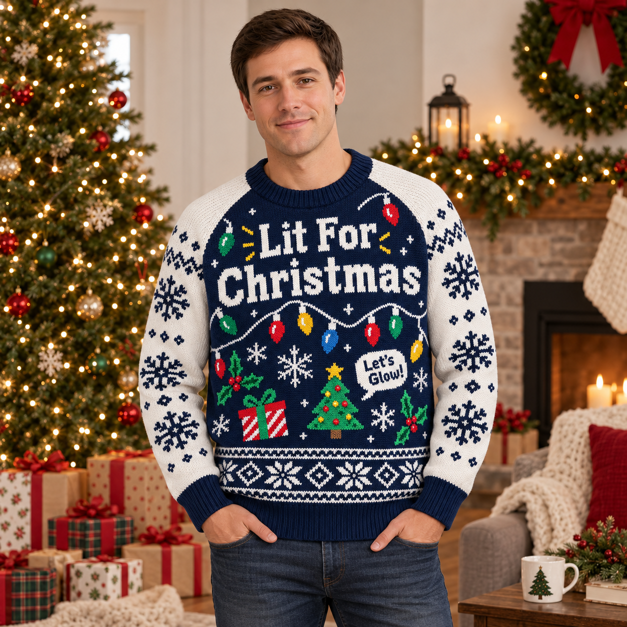 [popular-sweater:PX-16-03:male] Lit For Christmas Ugly Christmas Sweatshirt - Male view