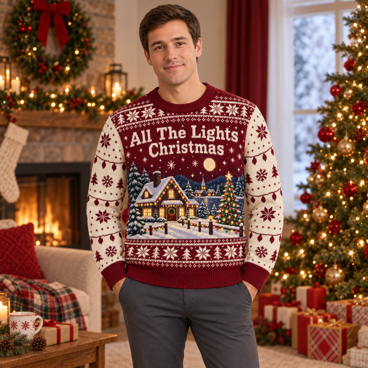 [popular-sweater:PX-16-04:male] All The Lights Christmas Ugly Christmas Sweatshirt - Male view