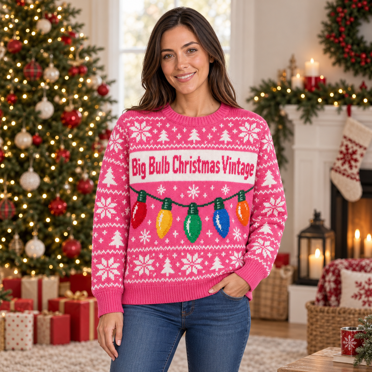 [popular-sweater:PX-16-06:female] Big Bulb Christmas Vintage Ugly Christmas Sweatshirt - Female view
