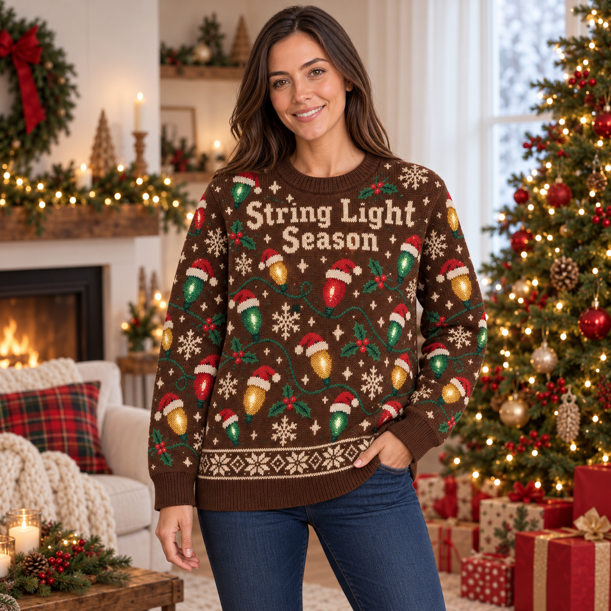[popular-sweater:PX-16-07:female] String Light Season Ugly Christmas Sweatshirt - Female view