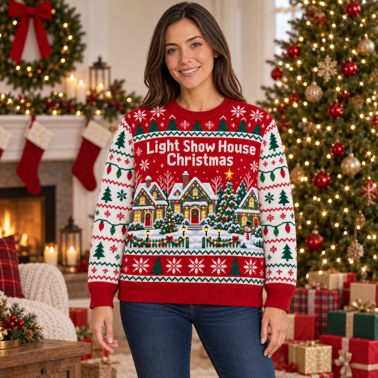 [popular-sweater:PX-16-09:female] Light Show House Christmas Ugly Christmas Sweatshirt - Female view