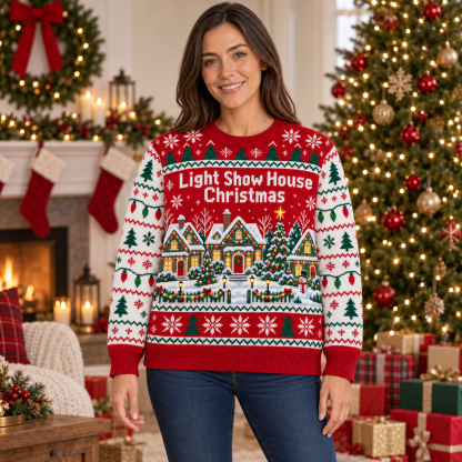 [popular-sweater:PX-16-09:female] Light Show House Christmas Ugly Christmas Sweatshirt - Female view