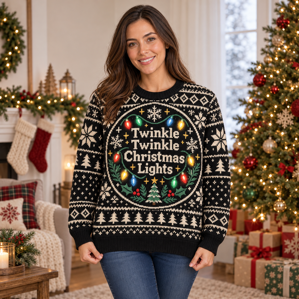 [popular-sweater:PX-16-10:female] Twinkle Twinkle Christmas Lights Ugly Christmas Sweatshirt - Female view