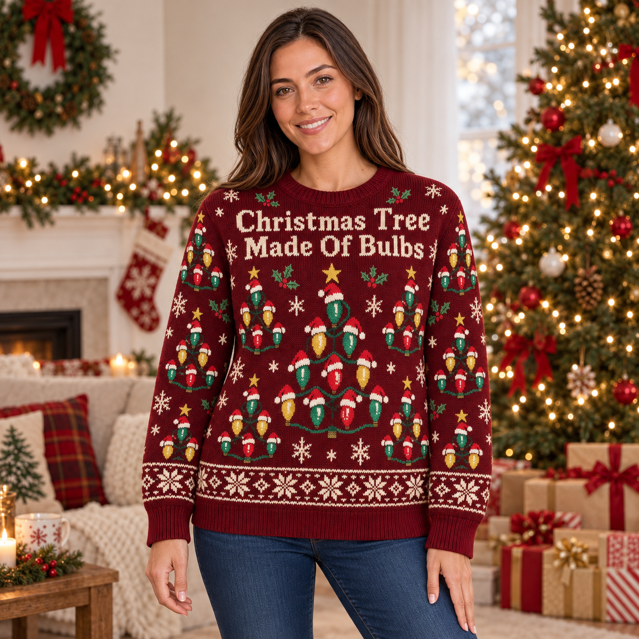 [popular-sweater:PX-16-12:female] Christmas Tree Made Of Bulbs Ugly Christmas Sweatshirt - Female view