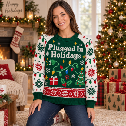 [popular-sweater:PX-16-13:female] Plugged In Holidays Ugly Christmas Sweatshirt - Female view