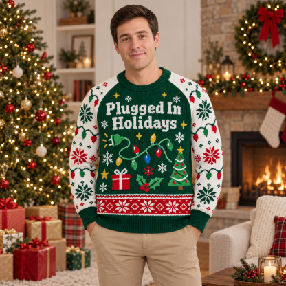 [popular-sweater:PX-16-13:male] Plugged In Holidays Ugly Christmas Sweatshirt - Male view