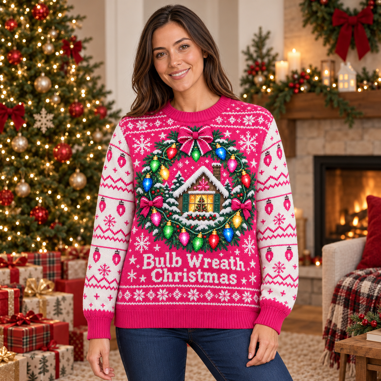 [popular-sweater:PX-16-14:female] Bulb Wreath Christmas Ugly Christmas Sweatshirt - Female view