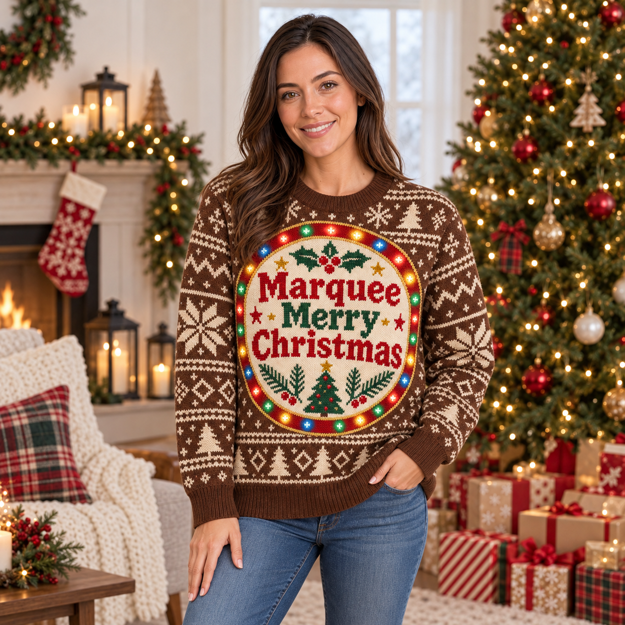 [popular-sweater:PX-16-15:female] Marquee Merry Christmas Ugly Christmas Sweatshirt - Female view