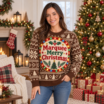 [popular-sweater:PX-16-15:female] Marquee Merry Christmas Ugly Christmas Sweatshirt - Female view