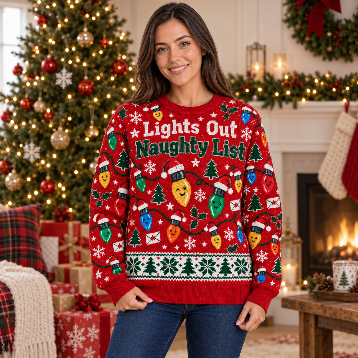 [popular-sweater:PX-16-17:female] Lights Out Naughty List Ugly Christmas Sweatshirt - Female view