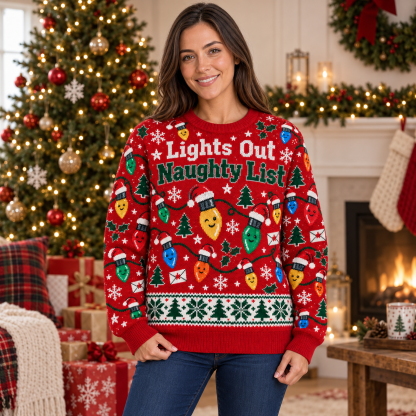 [popular-sweater:PX-16-17:female] Lights Out Naughty List Ugly Christmas Sweatshirt - Female view