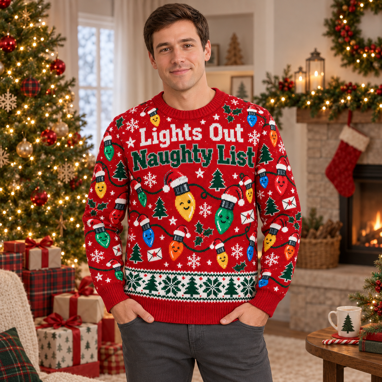 [popular-sweater:PX-16-17:male] Lights Out Naughty List Ugly Christmas Sweatshirt - Male view