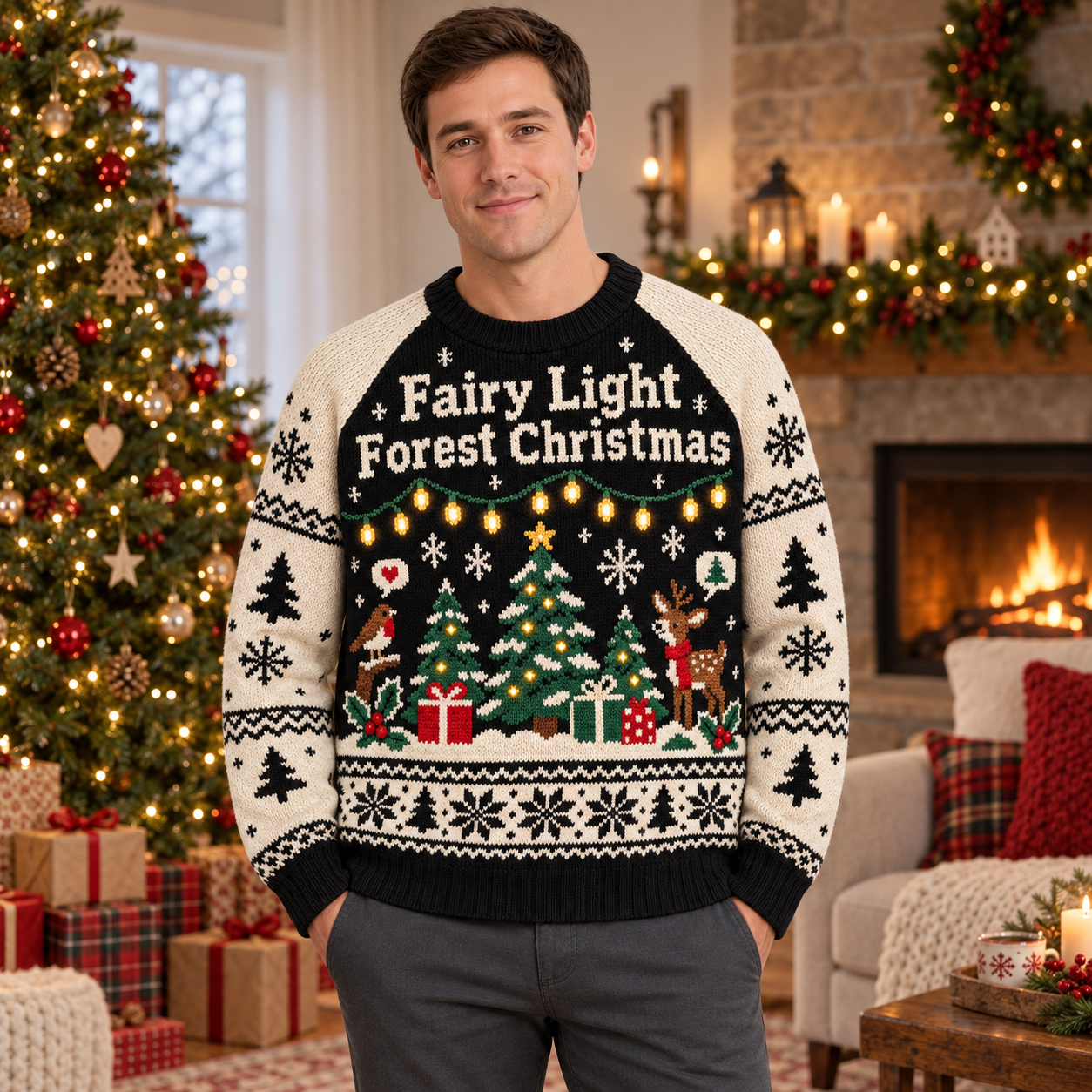 [popular-sweater:PX-16-18:male] Fairy Light Forest Christmas Ugly Christmas Sweatshirt - Male view