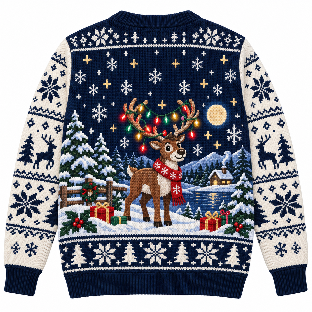 [popular-sweater:PX-16-19:back] Light Up The Night Reindeer Ugly Christmas Sweatshirt - Back view