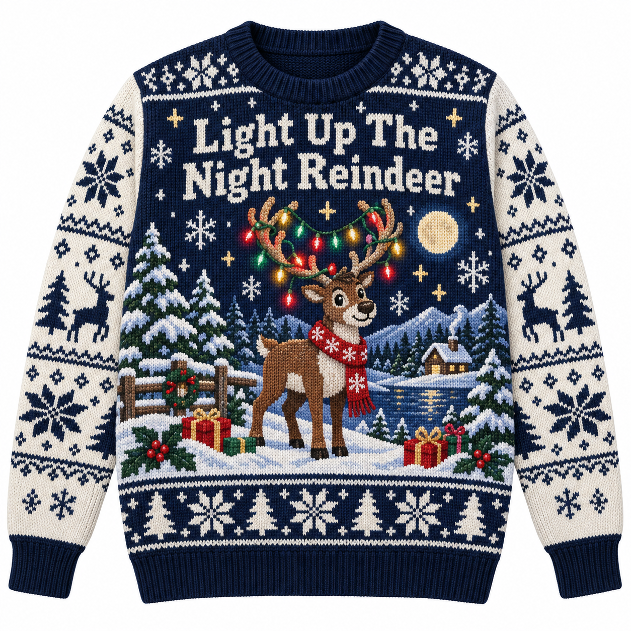 [popular-sweater:PX-16-19:front] Light Up The Night Reindeer Ugly Christmas Sweatshirt - Front view