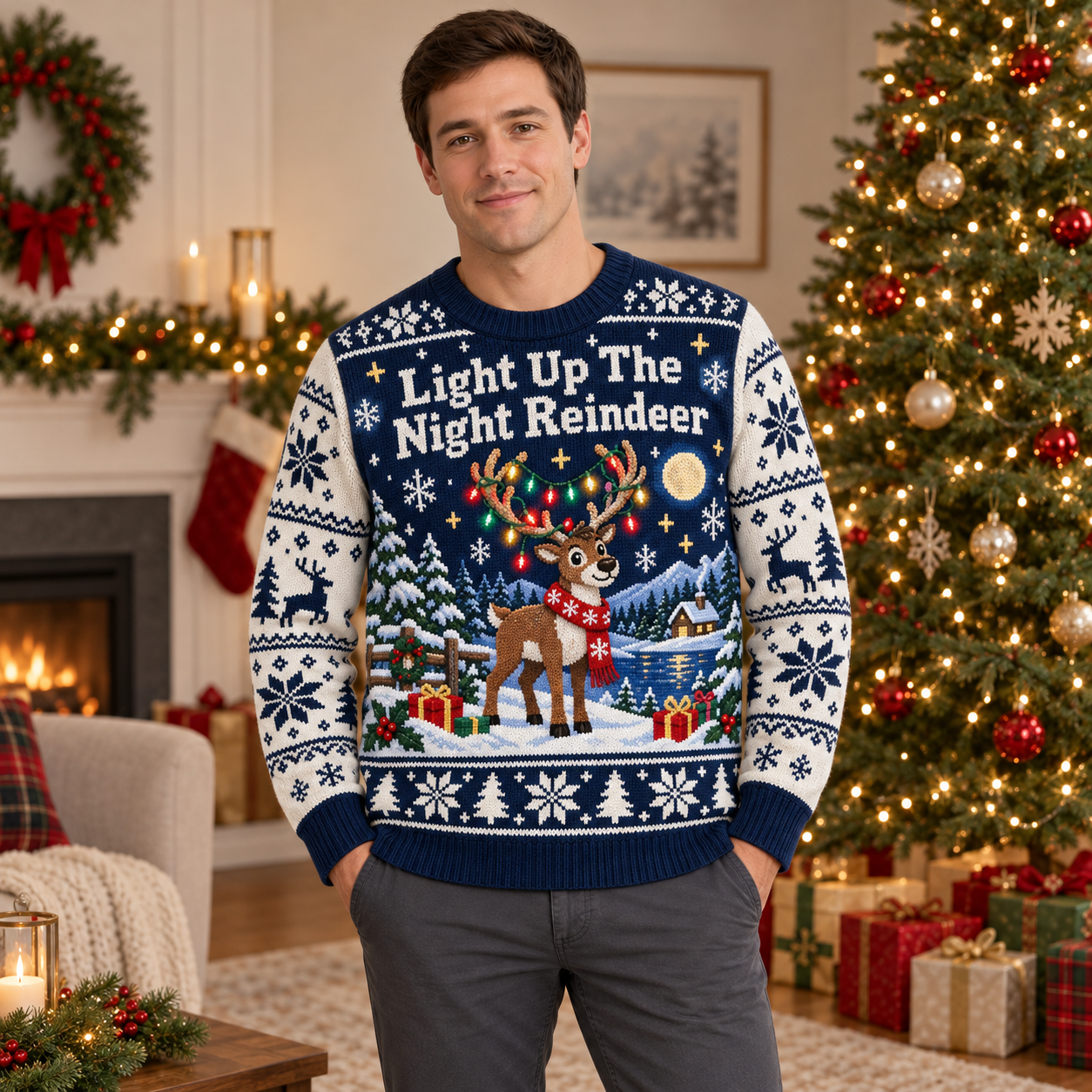 [popular-sweater:PX-16-19:male] Light Up The Night Reindeer Ugly Christmas Sweatshirt - Male view