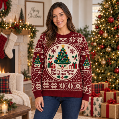 [popular-sweater:PX-16-20:female] Retro Ceramic Christmas Tree Ugly Christmas Sweatshirt - Female view