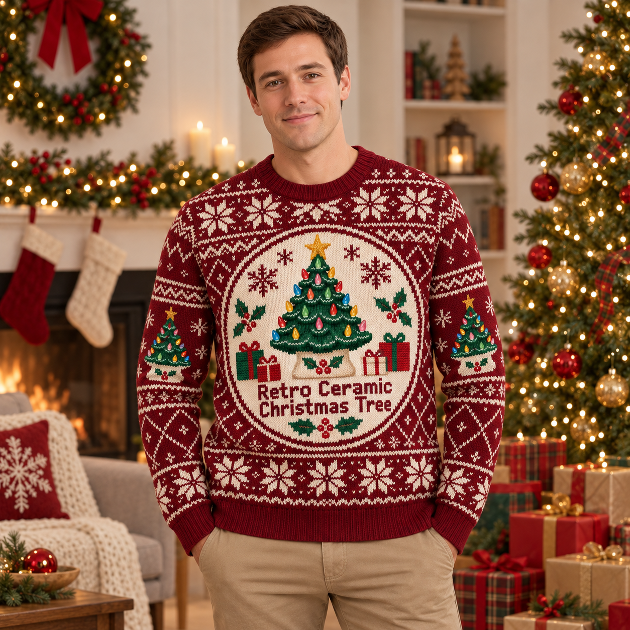 [popular-sweater:PX-16-20:male] Retro Ceramic Christmas Tree Ugly Christmas Sweatshirt - Male view