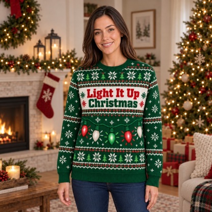 [popular-sweater:PX-16-21:female] Light It Up Christmas Ugly Christmas Sweatshirt - Female view