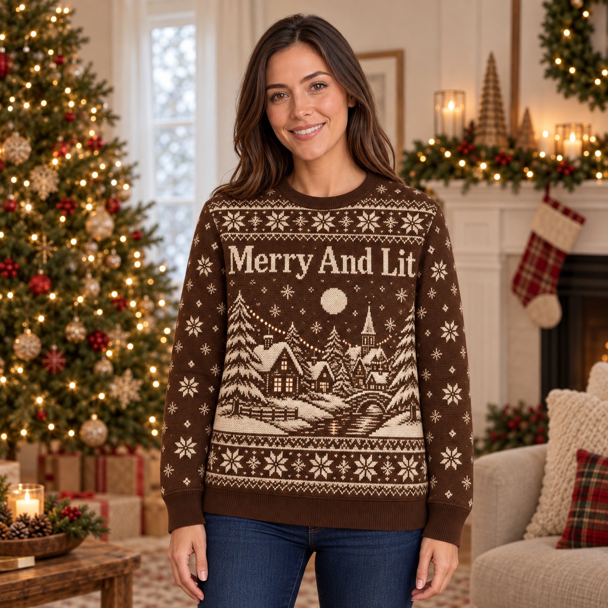 [popular-sweater:PX-16-23:female] Merry And Lit Ugly Christmas Sweatshirt - Female view