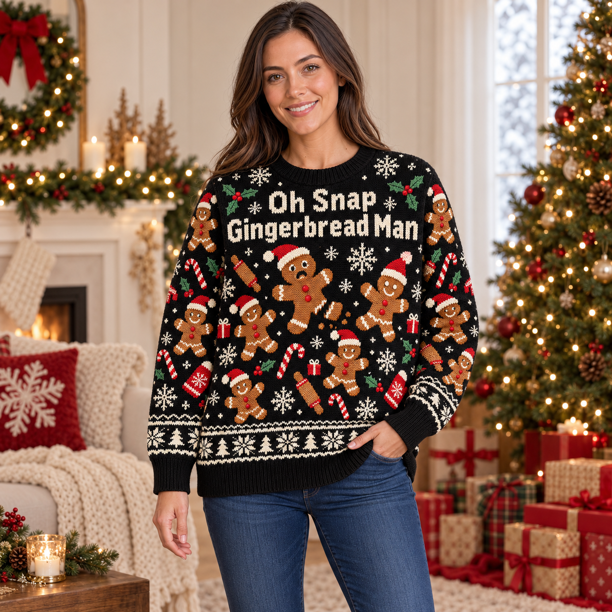 [popular-sweater:PX-17-02:female] Oh Snap Gingerbread Man Ugly Christmas Sweatshirt - Female view
