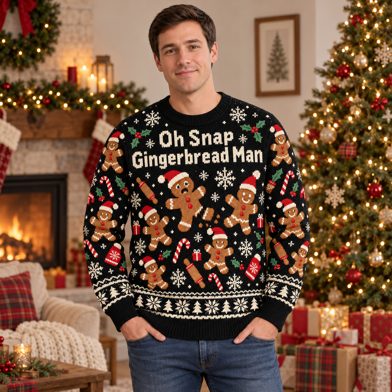 [popular-sweater:PX-17-02:male] Oh Snap Gingerbread Man Ugly Christmas Sweatshirt - Male view