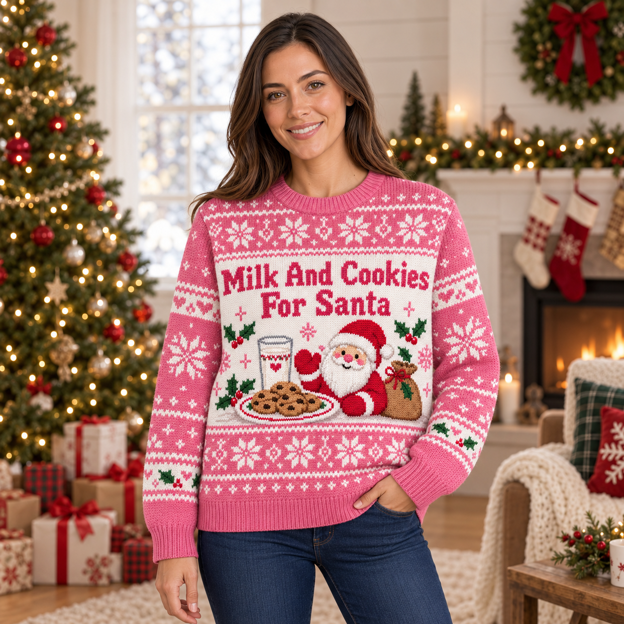 [popular-sweater:PX-17-06:female] Milk And Cookies For Santa Ugly Christmas Sweatshirt - Female view