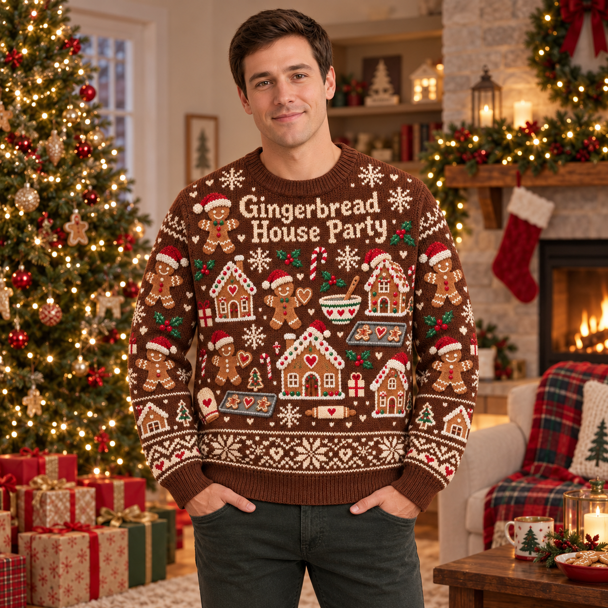 [popular-sweater:PX-17-07:male] Gingerbread House Party Ugly Christmas Sweatshirt - Male view