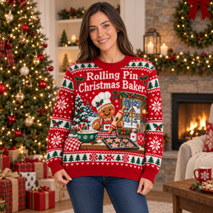 [popular-sweater:PX-17-09:female] Rolling Pin Christmas Baker Ugly Christmas Sweatshirt - Female view