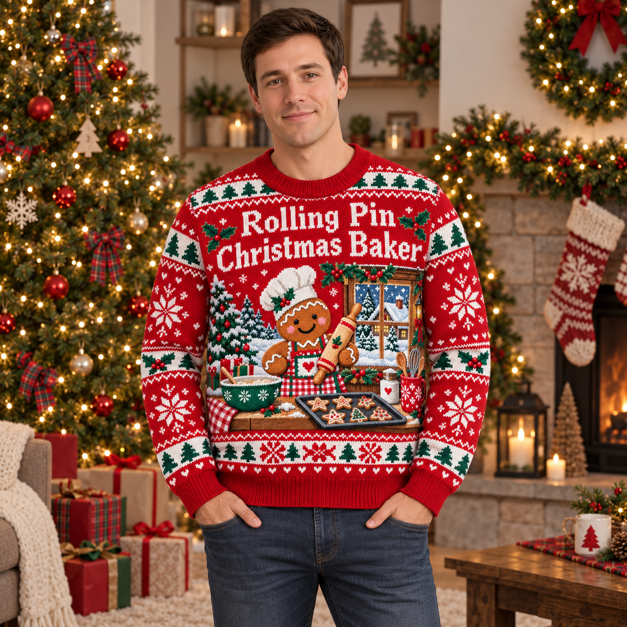 [popular-sweater:PX-17-09:male] Rolling Pin Christmas Baker Ugly Christmas Sweatshirt - Male view