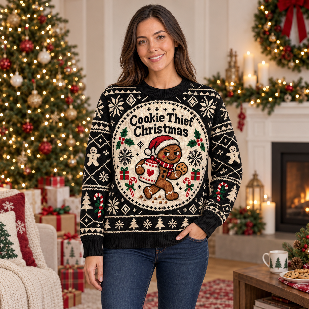 [popular-sweater:PX-17-10:female] Cookie Thief Christmas Ugly Christmas Sweatshirt - Female view