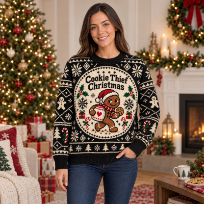 [popular-sweater:PX-17-10:female] Cookie Thief Christmas Ugly Christmas Sweatshirt - Female view