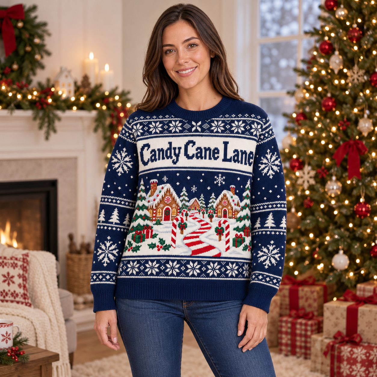 [popular-sweater:PX-17-11:female] Candy Cane Lane Ugly Christmas Sweatshirt - Female view