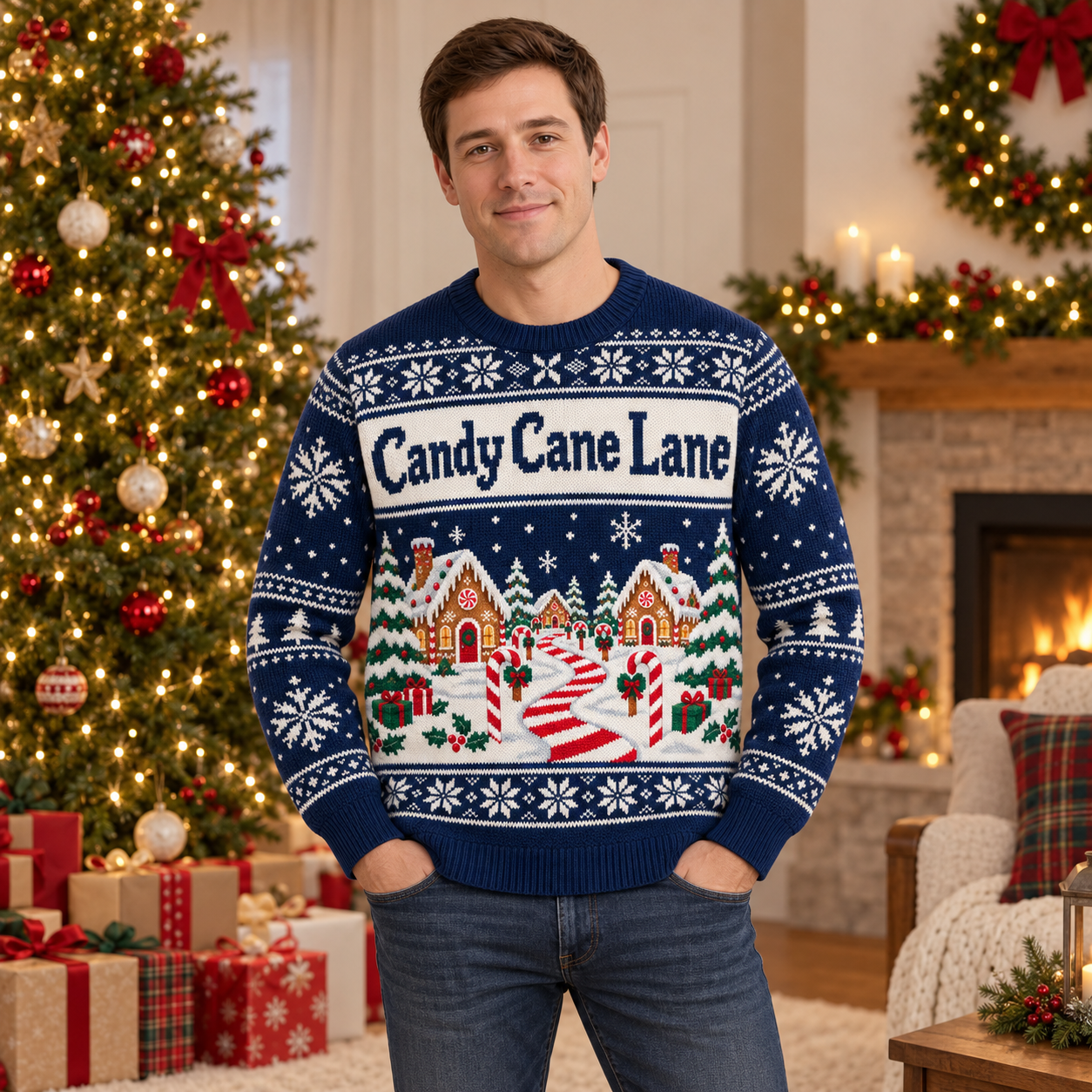 [popular-sweater:PX-17-11:male] Candy Cane Lane Ugly Christmas Sweatshirt - Male view