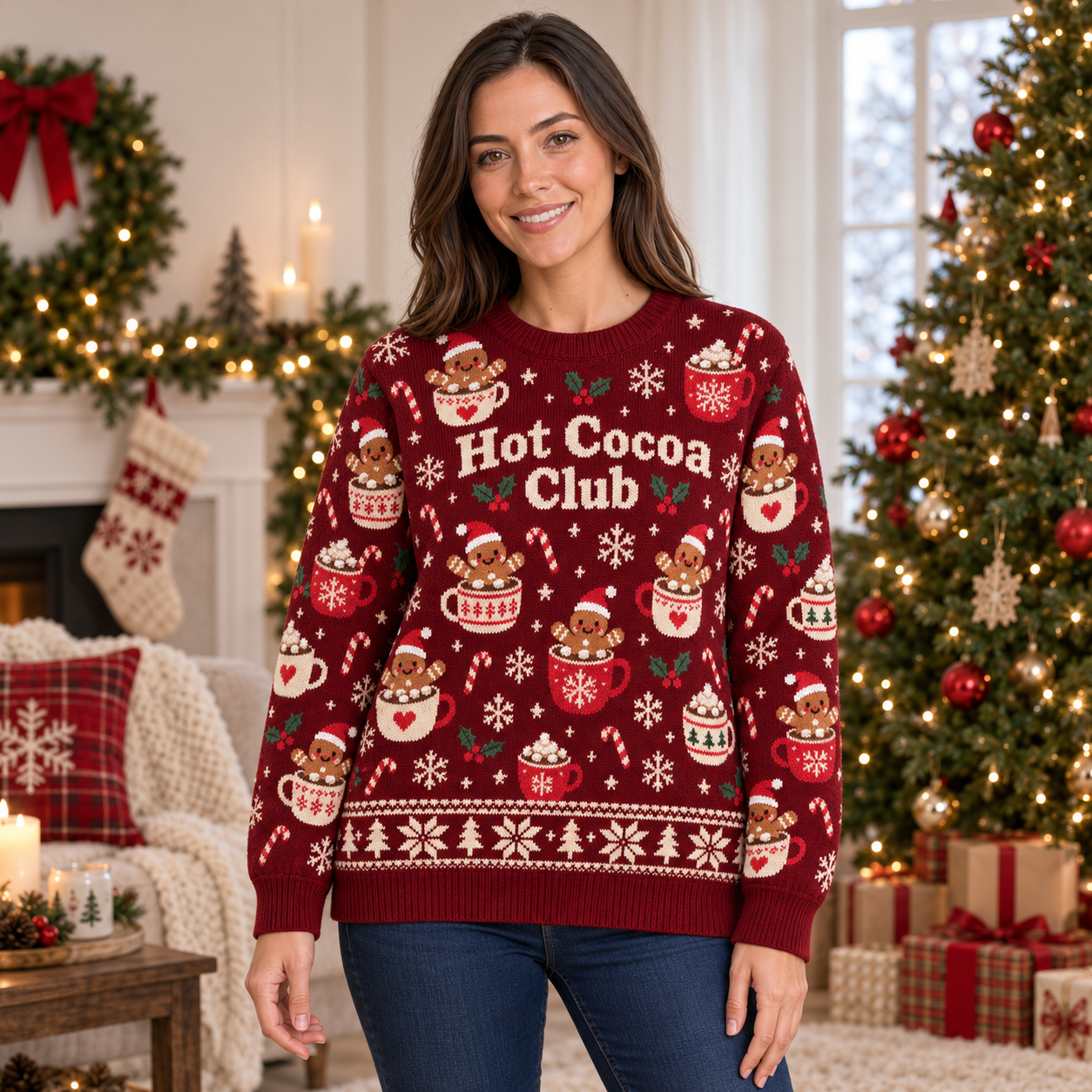 [popular-sweater:PX-17-12:female] Hot Cocoa Club Ugly Christmas Sweatshirt - Female view