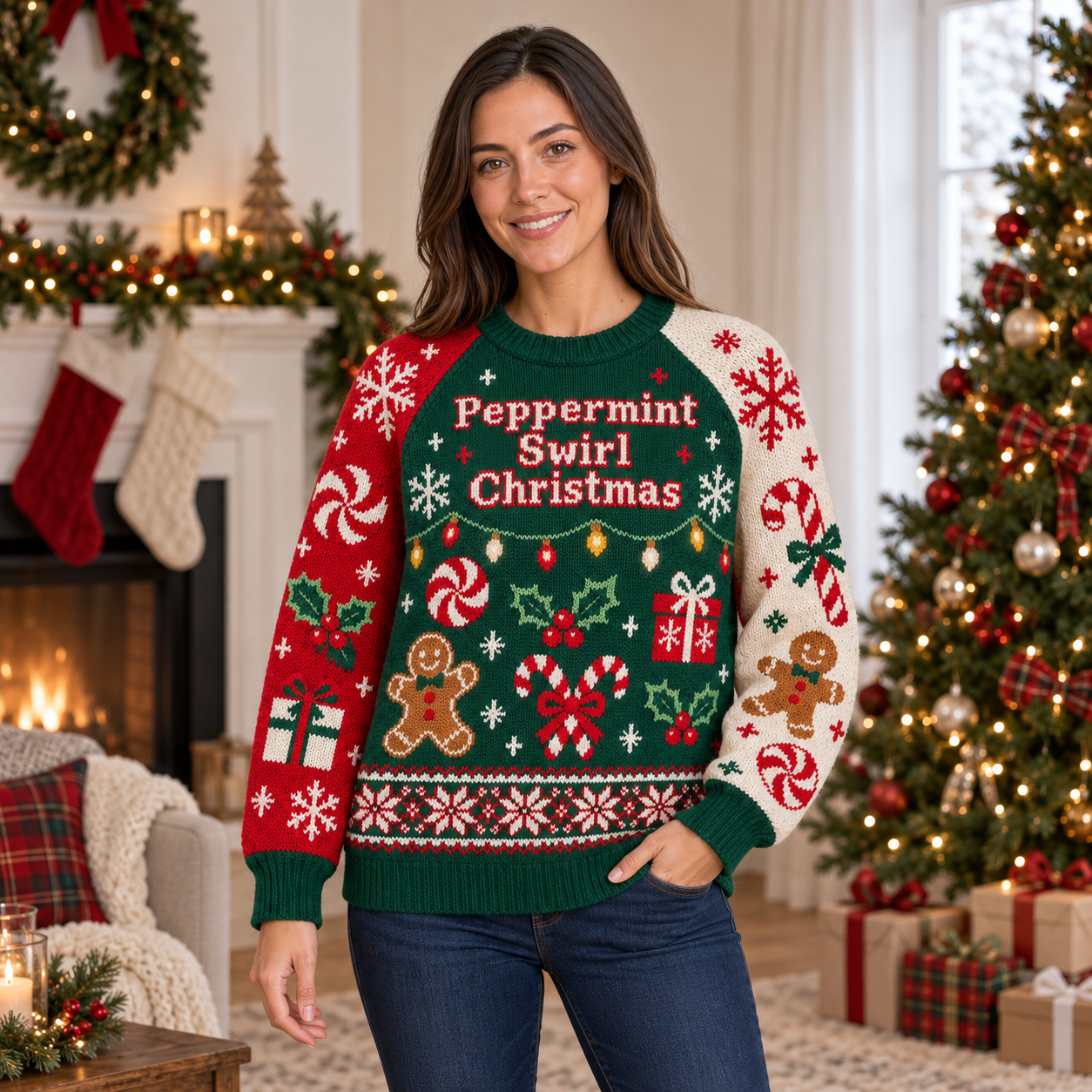 [popular-sweater:PX-17-13:female] Peppermint Swirl Christmas Ugly Christmas Sweatshirt - Female view